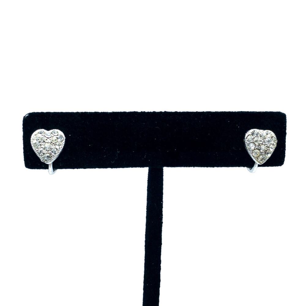Silver Tone Heart Earrings Rhinestones Clip On Small Dainty Marked 1/2" X 1/4"